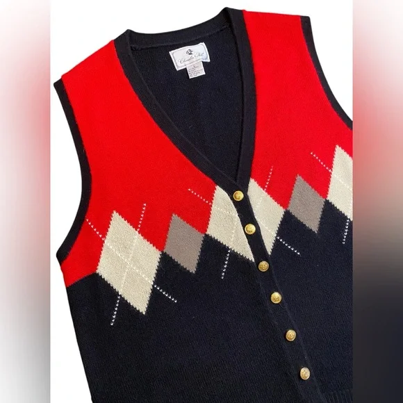 Vintage Chandler Hill Button Up Sweater Vest Argyle Women’s Size L Black Red Tan - Picture 1 of 7